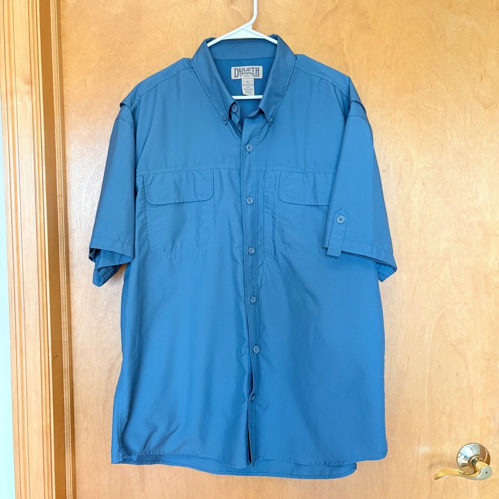 Duluth Trading Co Mens XL Short Sleeve Button Up Shirt Coolmax Vented Blue